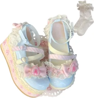 Women's Kawaii Cute Bow Strawberry Cake Lace Chunky Mary Jane Heels Round Toe Lolita Y2K Aesthetic Platform Wedge Shoes