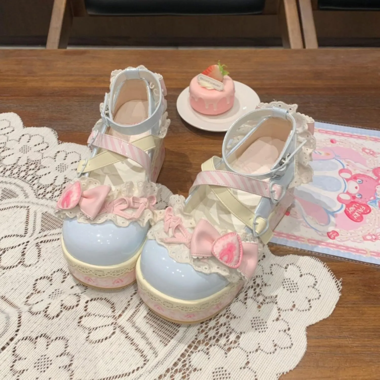 Women's Kawaii Cute Bow Strawberry Cake Lace Chunky Mary Jane Heels Round Toe Lolita Y2K Aesthetic Platform Wedge Shoes