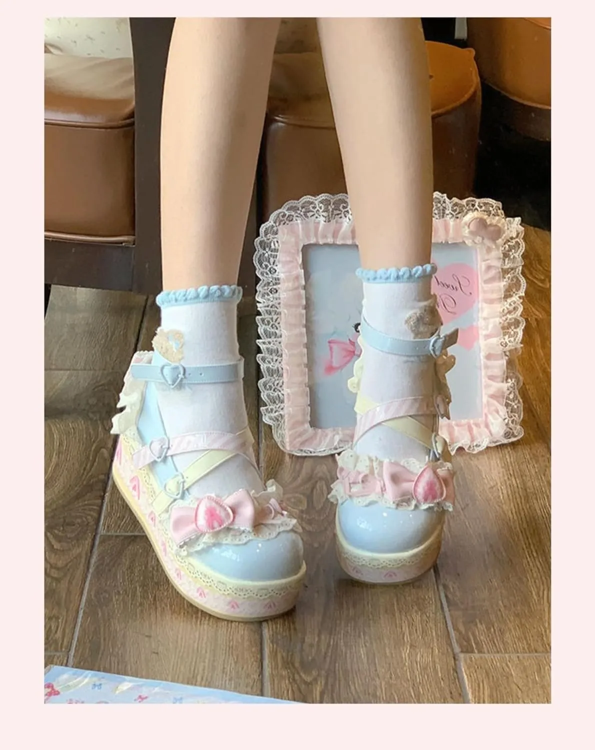 Women's Kawaii Cute Bow Strawberry Cake Lace Chunky Mary Jane Heels Round Toe Lolita Y2K Aesthetic Platform Wedge Shoes