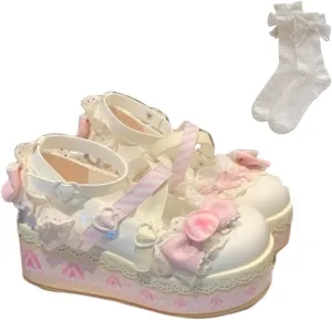 Women's Kawaii Cute Bow Strawberry Cake Lace Chunky Mary Jane Heels Round Toe Lolita Y2K Aesthetic Platform Wedge Shoes