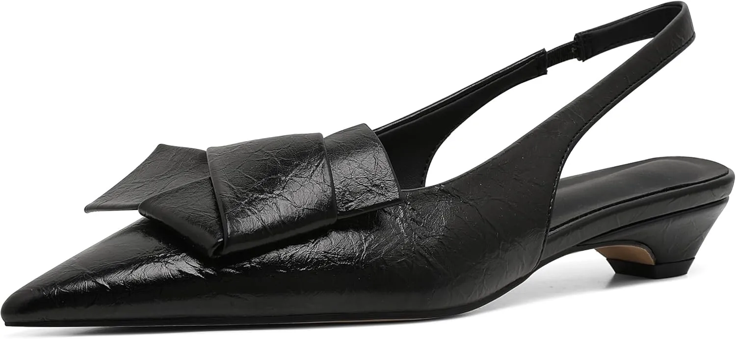 Women's Kitten Heels Black Pumps Dress Shoes Low Heel Wedding Slingback Pointed Toe Bridal Shoes