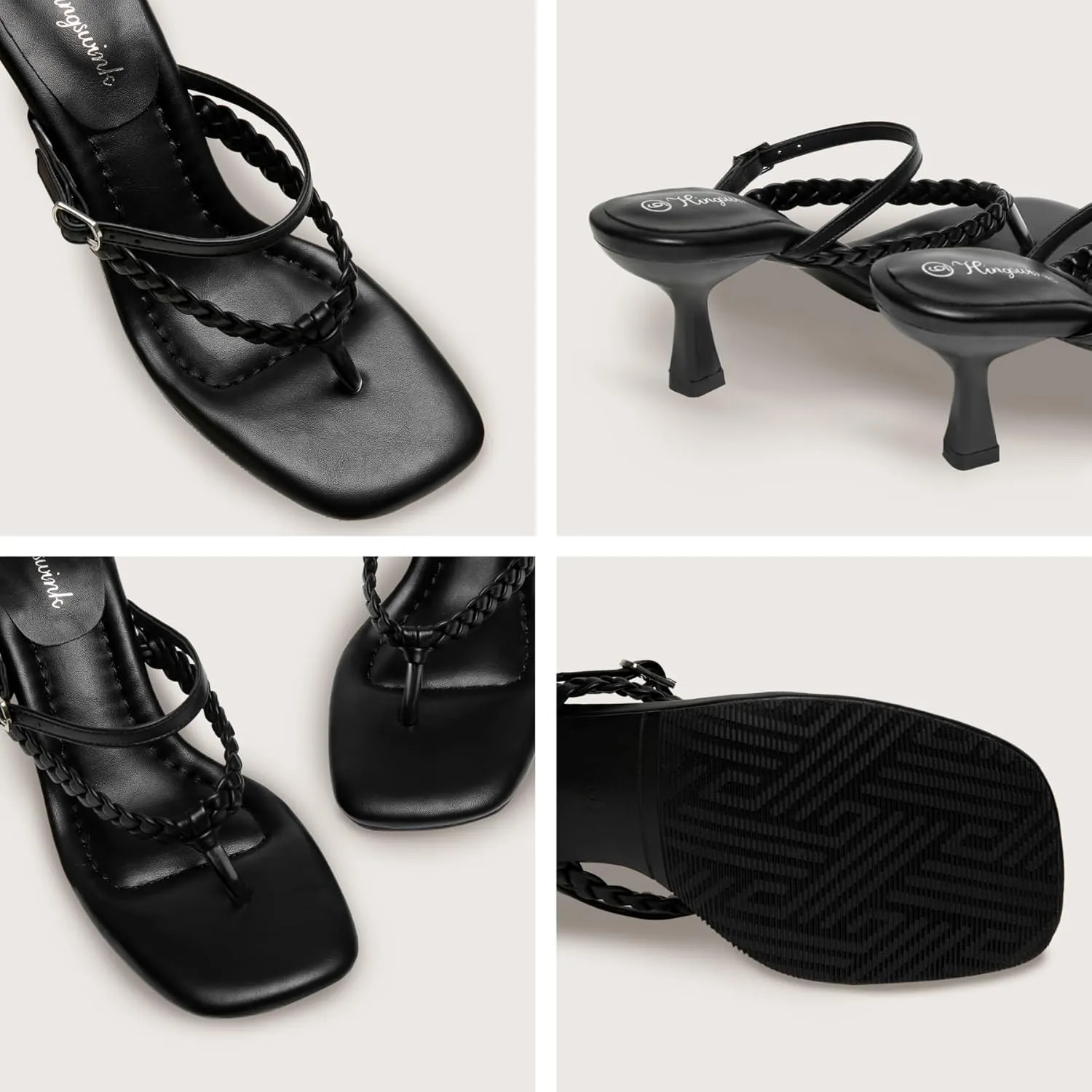 Women's Kitten Heels Open Toe Braided Strappy Heels Sexy Heeled Sandals Square Toe Thong Flip Flop 2 Inch Heel for Women