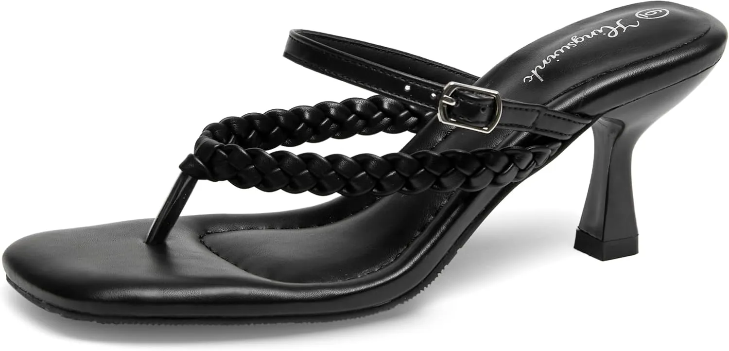 Women's Kitten Heels Open Toe Braided Strappy Heels Sexy Heeled Sandals Square Toe Thong Flip Flop 2 Inch Heel for Women