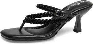 Women's Kitten Heels Open Toe Braided Strappy Heels Sexy Heeled Sandals Square Toe Thong Flip Flop 2 Inch Heel for Women