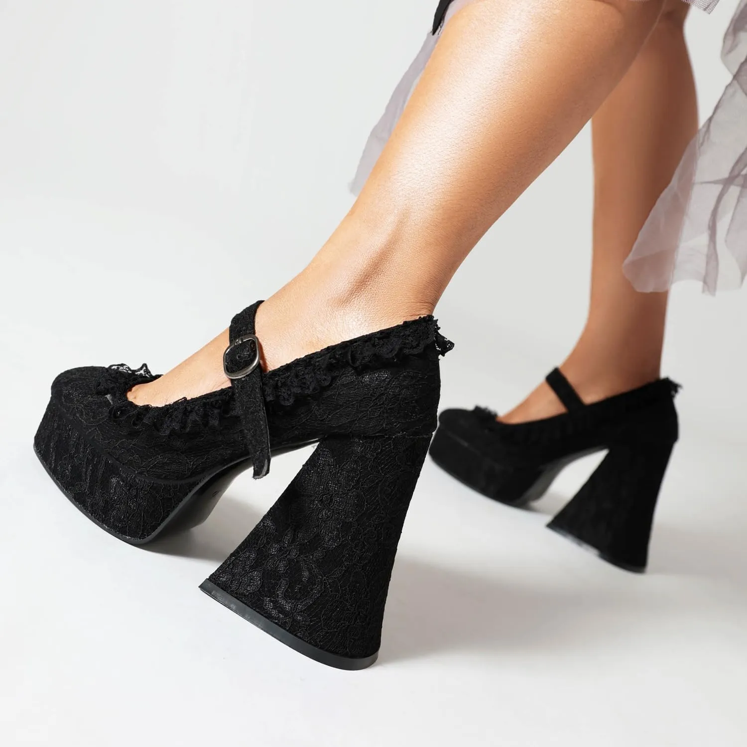 Women's Lace Platform Heels – Gothic Vintage Chunky High Heel Shoes with Adjustable Strap for Party,Cosplay,Halloween