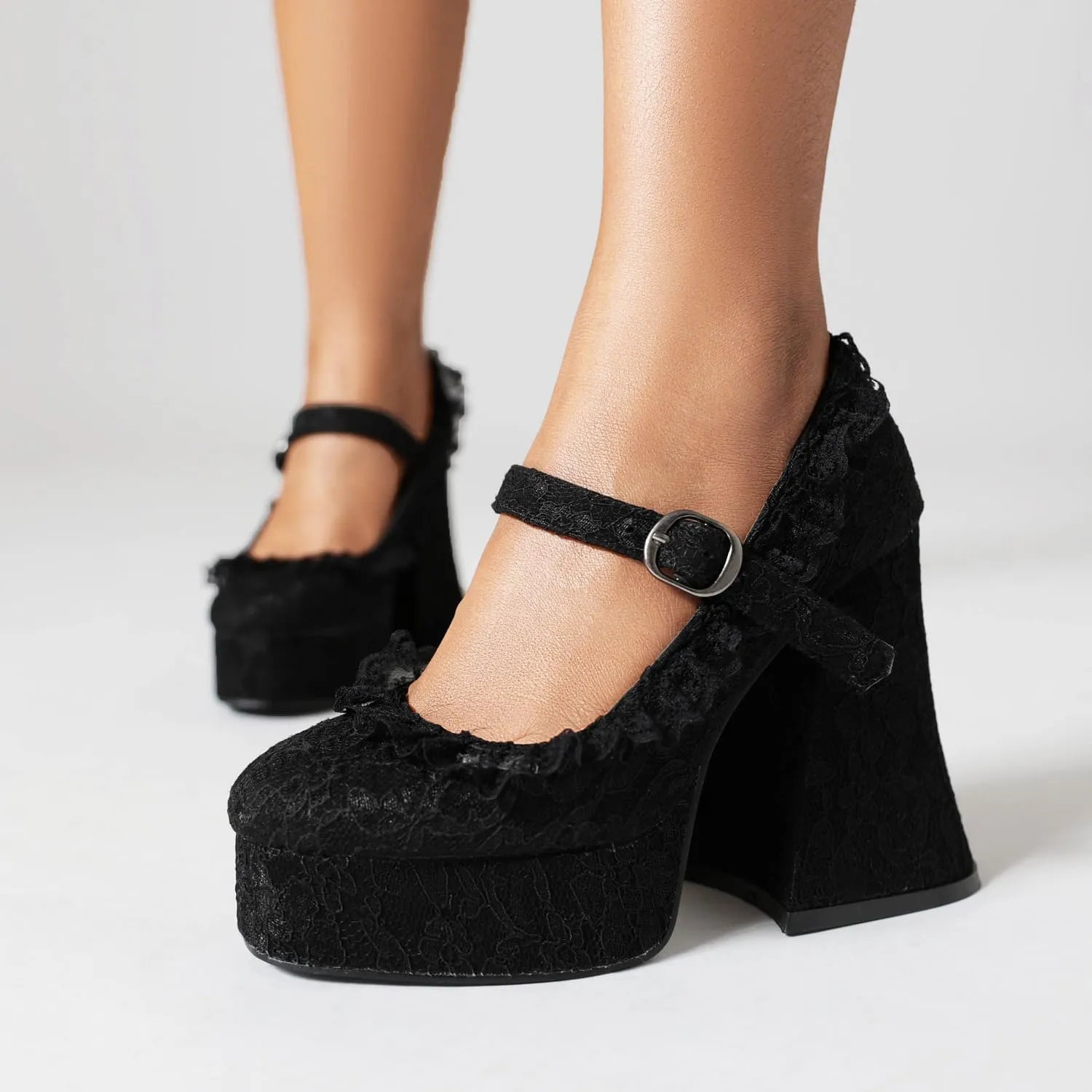 Women's Lace Platform Heels – Gothic Vintage Chunky High Heel Shoes with Adjustable Strap for Party,Cosplay,Halloween