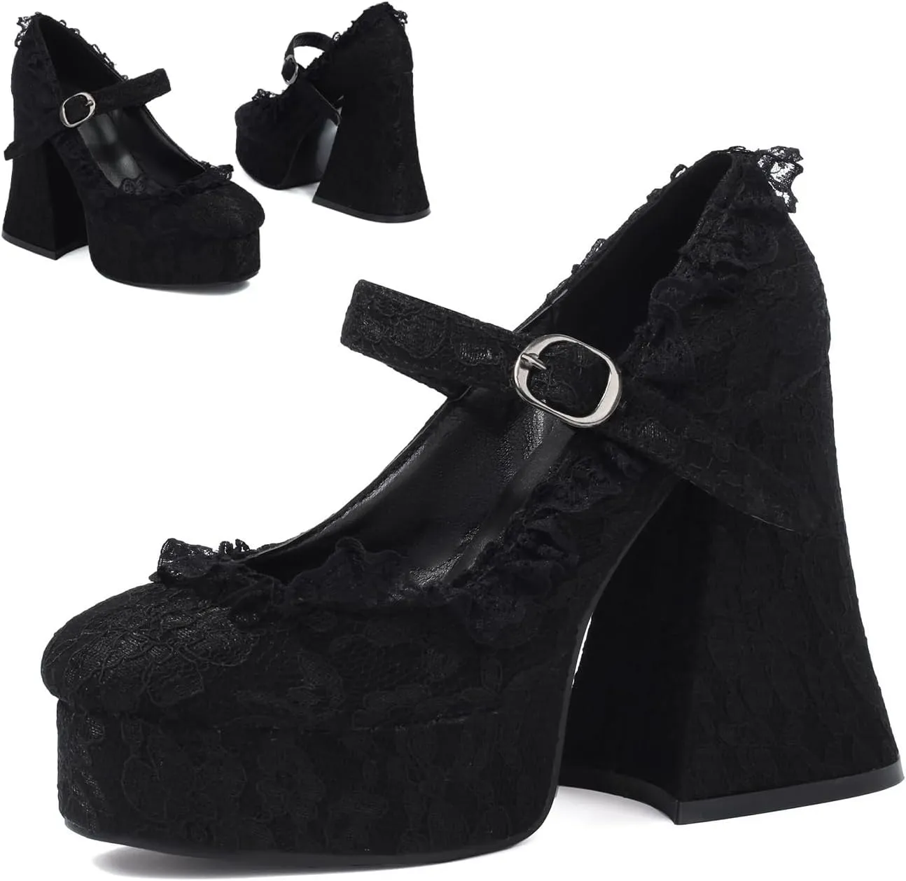 Women's Lace Platform Heels – Gothic Vintage Chunky High Heel Shoes with Adjustable Strap for Party,Cosplay,Halloween