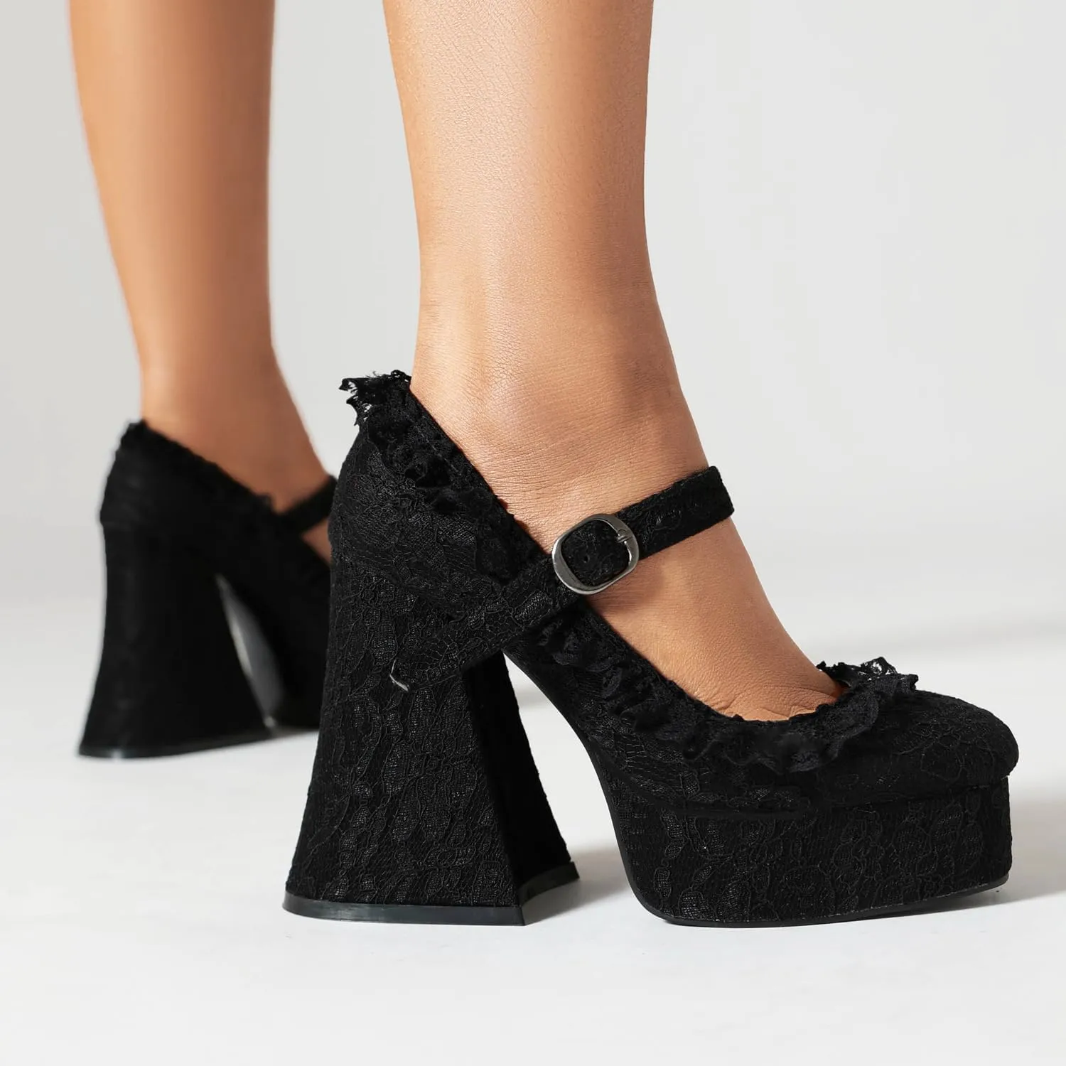 Women's Lace Platform Heels – Gothic Vintage Chunky High Heel Shoes with Adjustable Strap for Party,Cosplay,Halloween