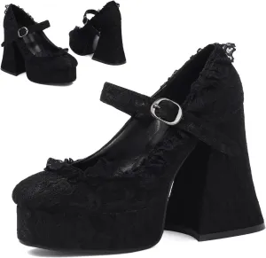 Women's Lace Platform Heels – Gothic Vintage Chunky High Heel Shoes with Adjustable Strap for Party,Cosplay,Halloween