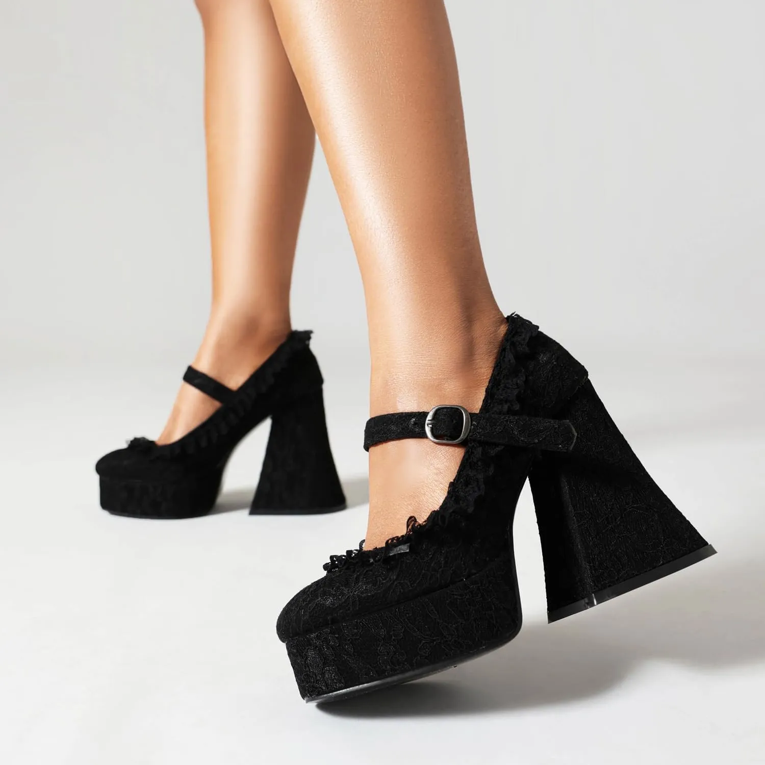 Women's Lace Platform Heels – Gothic Vintage Chunky High Heel Shoes with Adjustable Strap for Party,Cosplay,Halloween