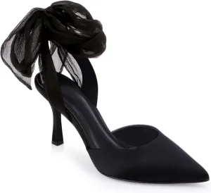 Womens Lace up Satin Heels Bow Pointed Closed Toe Bridal Dress Shoes Low Heel Wedding Elegant Pumps