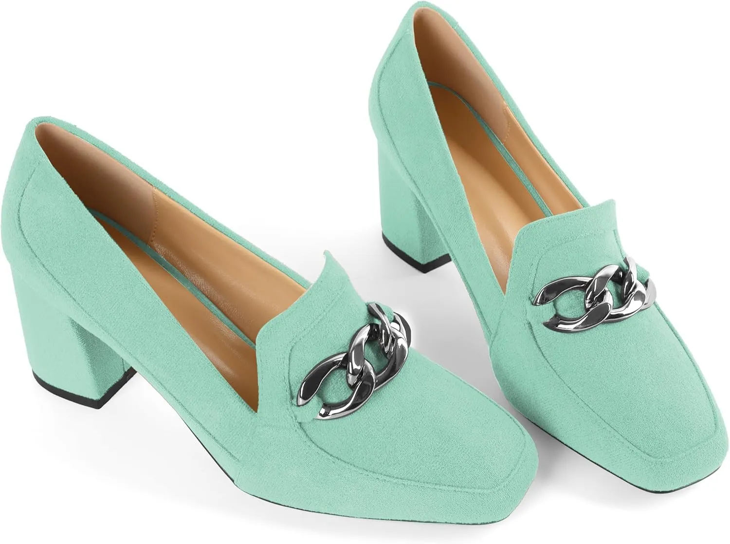 Women's Low Heel Pumps Loafers with Metal Buckle Square Toe Pumps Chunky Heeled Pump Stylish Comfortable 2.5 Inch Loafers Heels