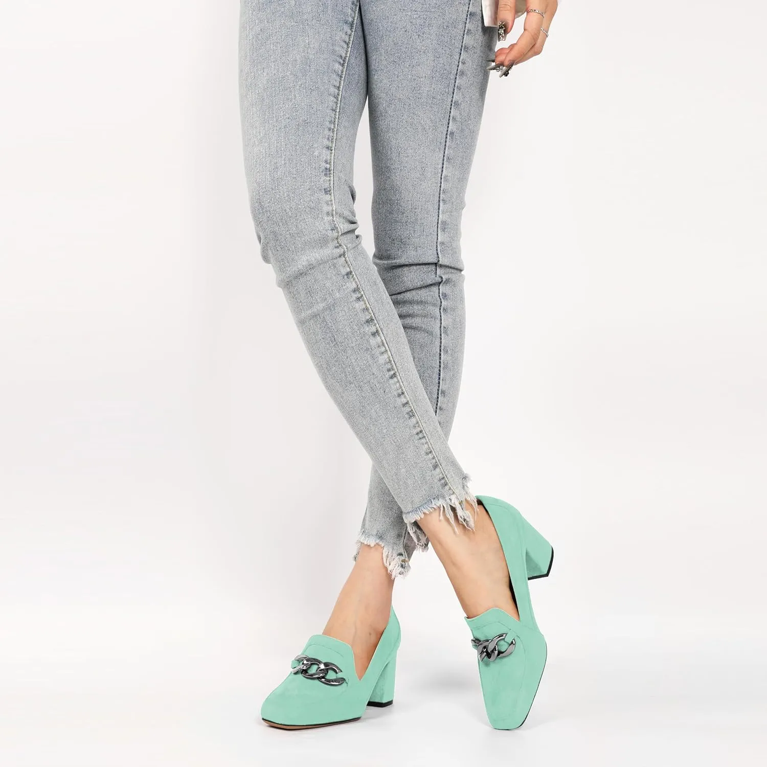Women's Low Heel Pumps Loafers with Metal Buckle Square Toe Pumps Chunky Heeled Pump Stylish Comfortable 2.5 Inch Loafers Heels