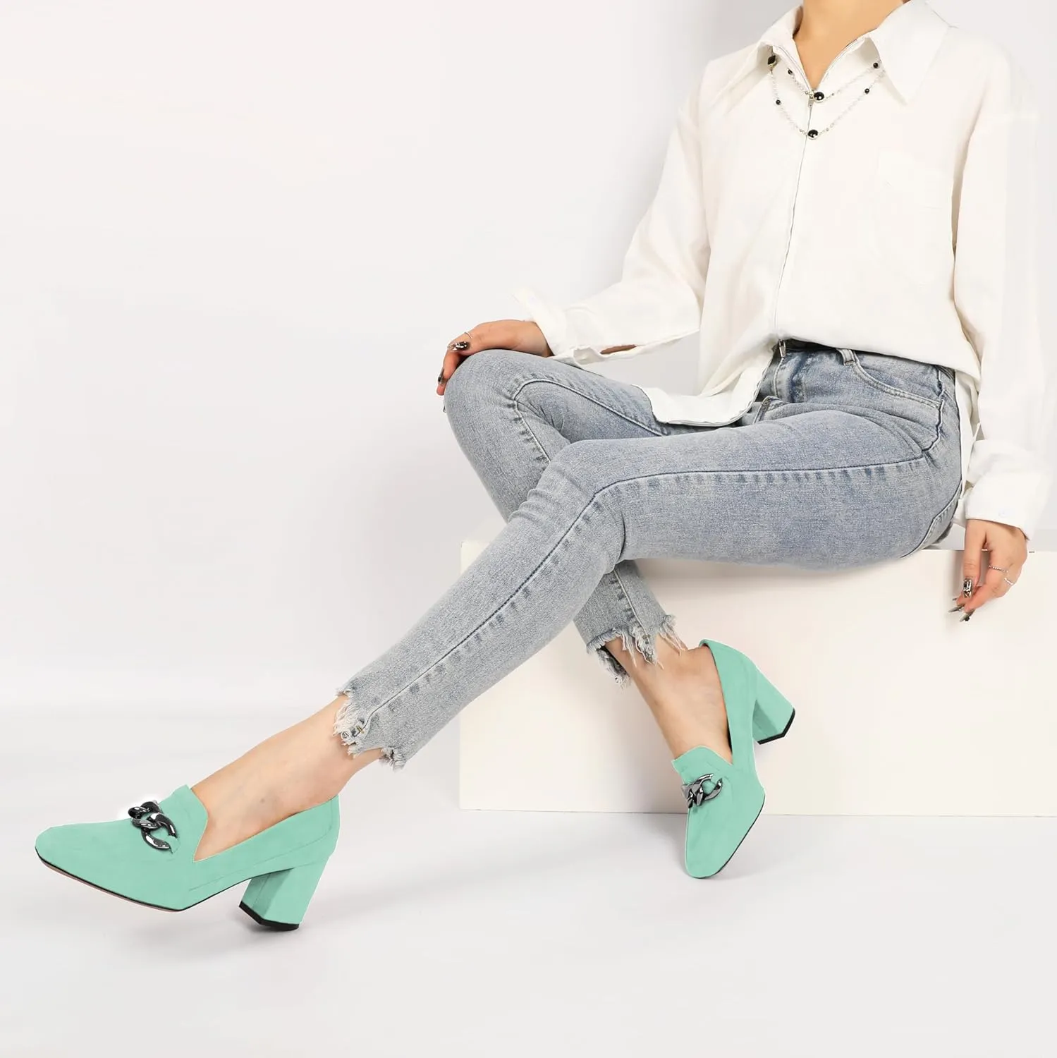 Women's Low Heel Pumps Loafers with Metal Buckle Square Toe Pumps Chunky Heeled Pump Stylish Comfortable 2.5 Inch Loafers Heels