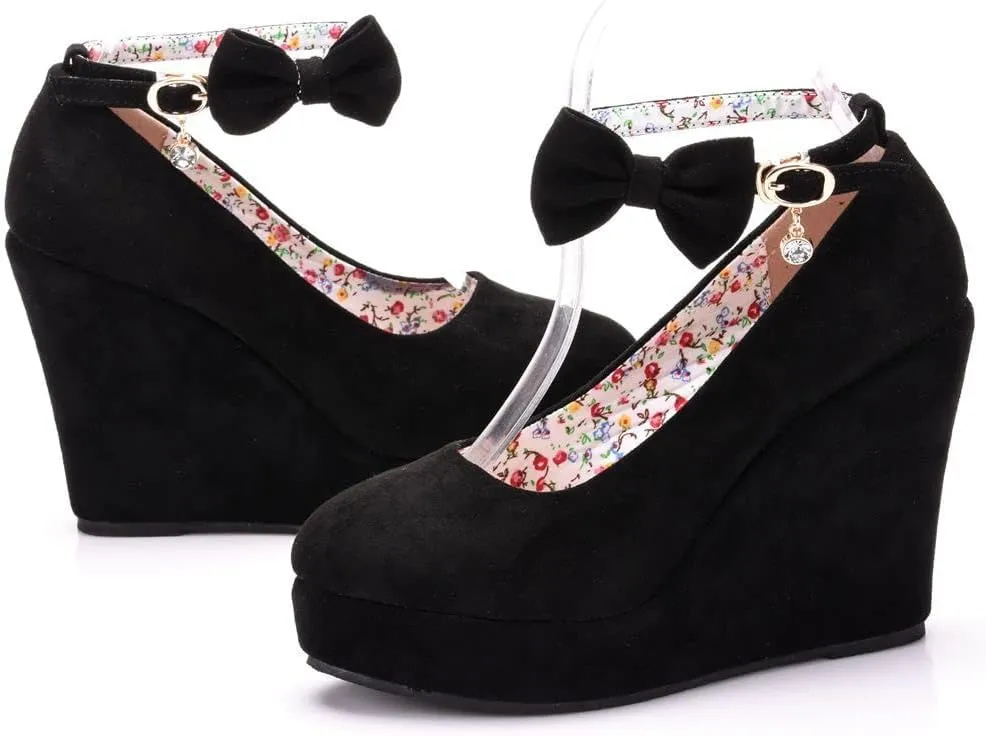 Women's Mary Jane Wedge Solid Buckle Evening Dress Round Toe Platform Lolita Shoes Cross Shoes 4 Inch Heel Height Pumps