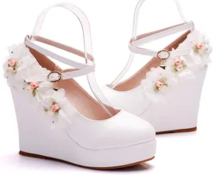 Women's Mary Jane Wedge Solid Buckle Evening Dress Round Toe Platform Lolita Shoes Cross Shoes 4 Inch Heel Height Pumps