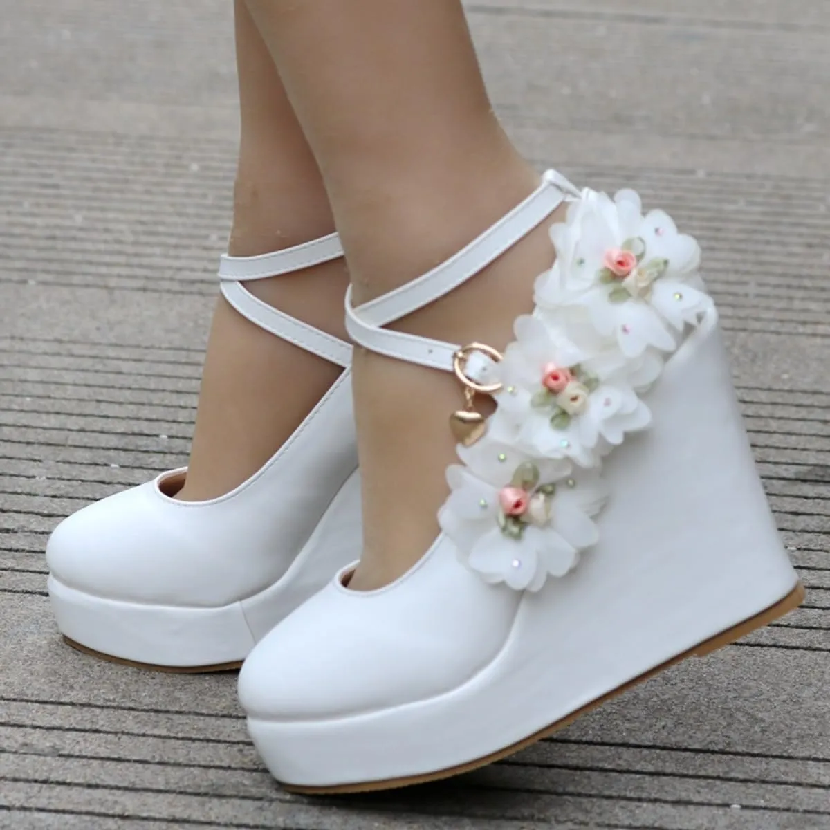 Women's Mary Jane Wedge Solid Buckle Evening Dress Round Toe Platform Lolita Shoes Cross Shoes 4 Inch Heel Height Pumps