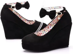 Women's Mary Jane Wedge Solid Buckle Evening Dress Round Toe Platform Lolita Shoes Cross Shoes 4 Inch Heel Height Pumps