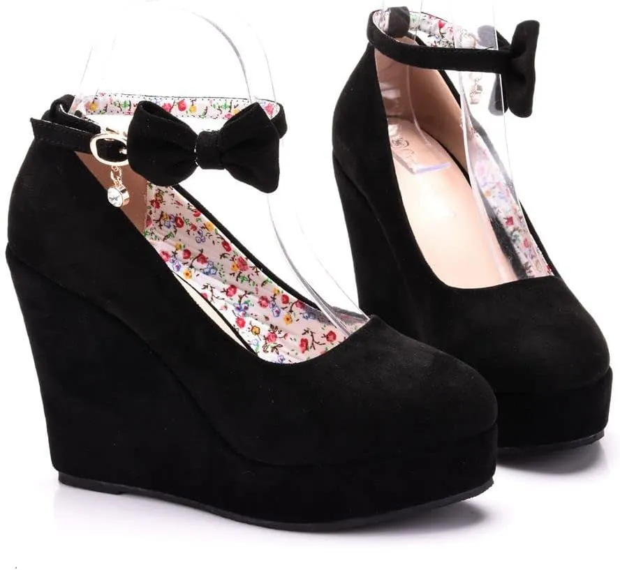 Women's Mary Jane Wedge Solid Buckle Evening Dress Round Toe Platform Lolita Shoes Cross Shoes 4 Inch Heel Height Pumps