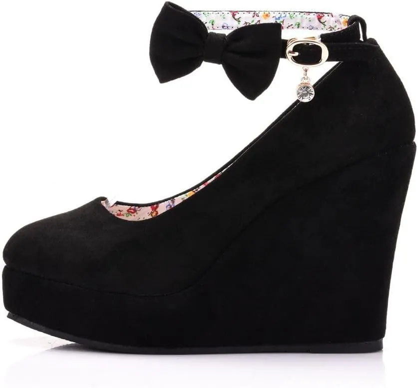 Women's Mary Jane Wedge Solid Buckle Evening Dress Round Toe Platform Lolita Shoes Cross Shoes 4 Inch Heel Height Pumps