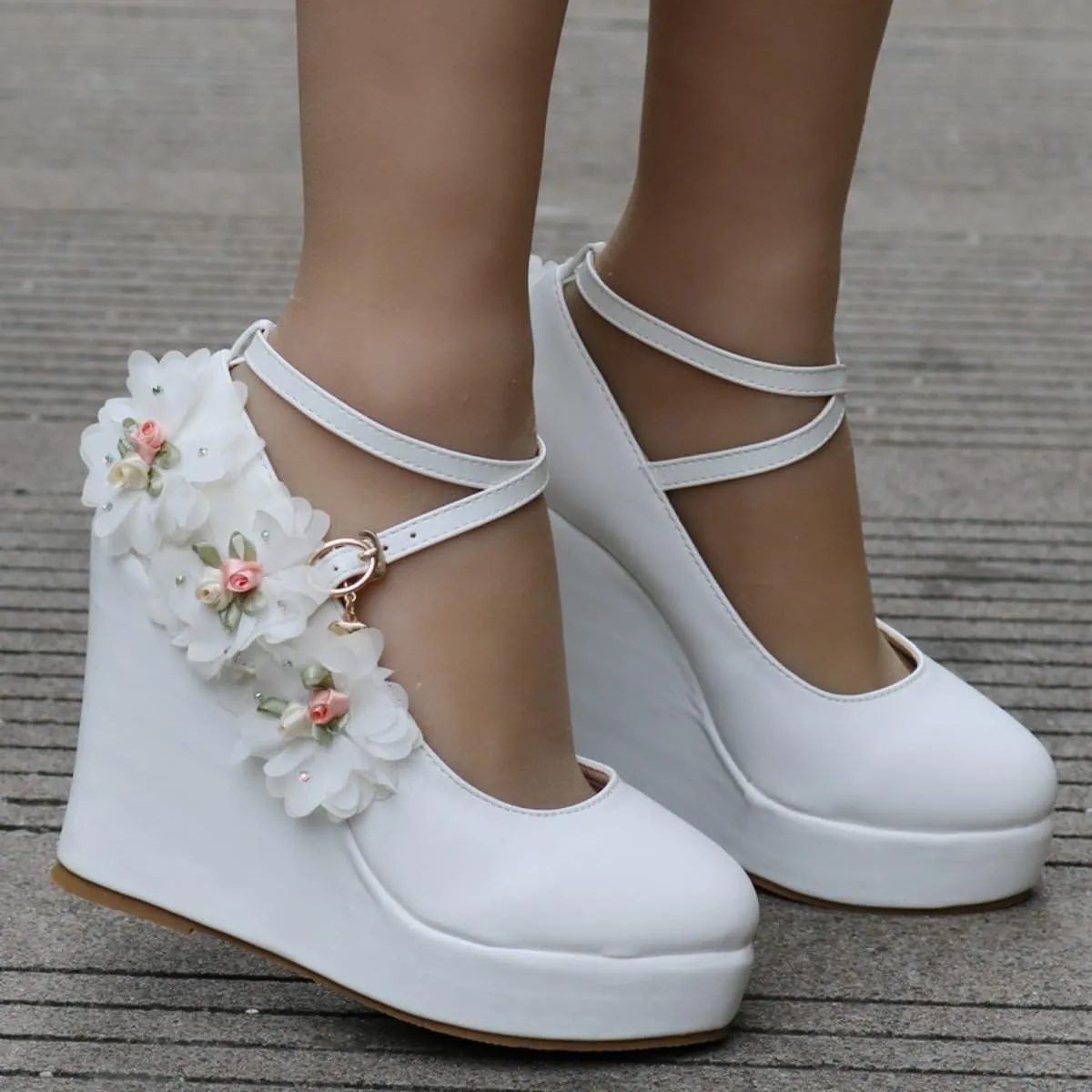 Women's Mary Jane Wedge Solid Buckle Evening Dress Round Toe Platform Lolita Shoes Cross Shoes 4 Inch Heel Height Pumps