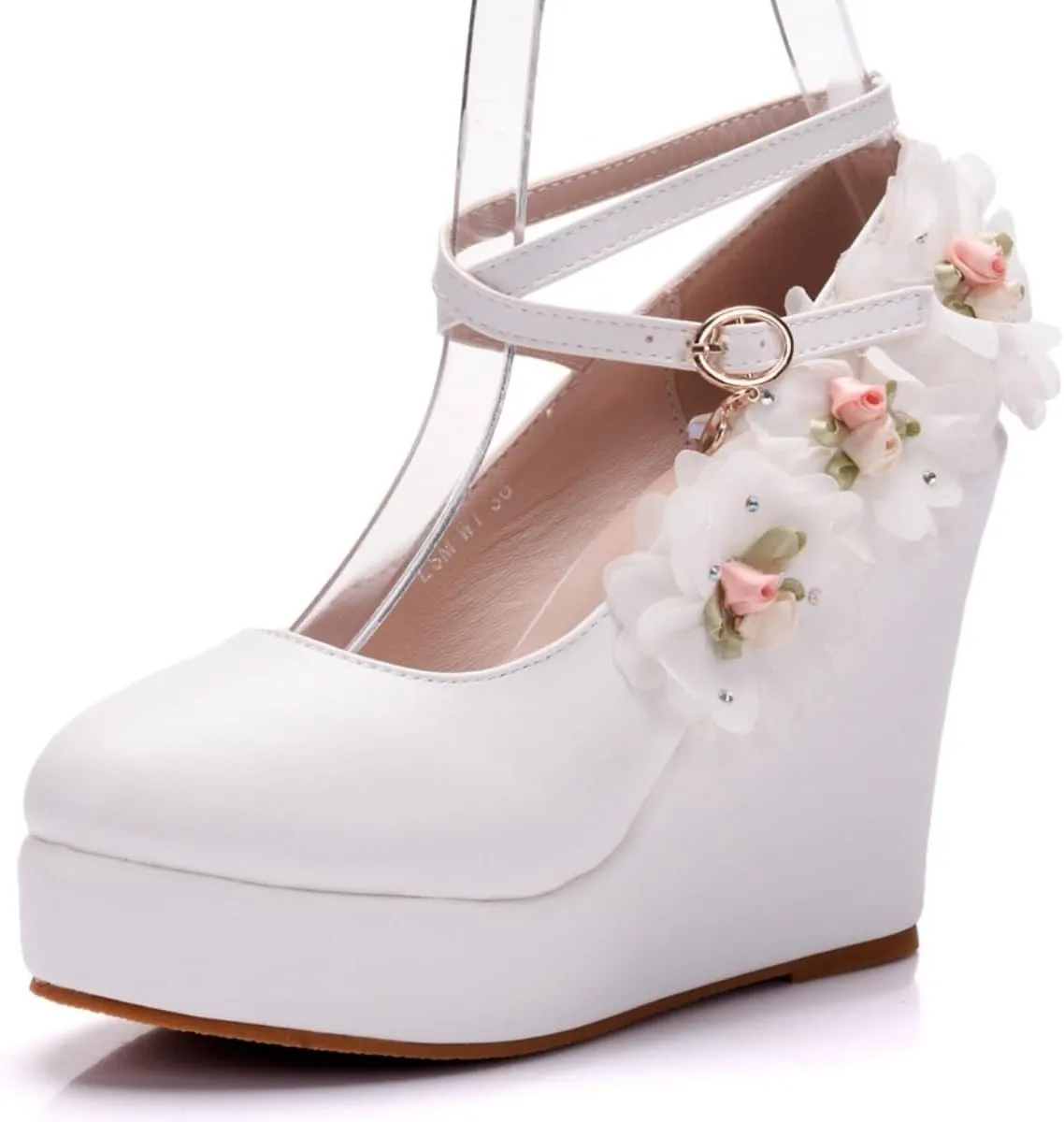 Women's Mary Jane Wedge Solid Buckle Evening Dress Round Toe Platform Lolita Shoes Cross Shoes 4 Inch Heel Height Pumps