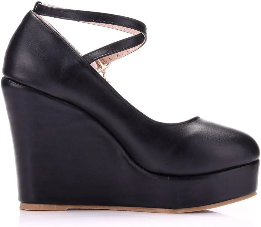 Women's Mary Jane Wedge Solid Buckle Evening Dress Round Toe Platform Lolita Shoes Cross Shoes 4 Inch Heel Height Pumps