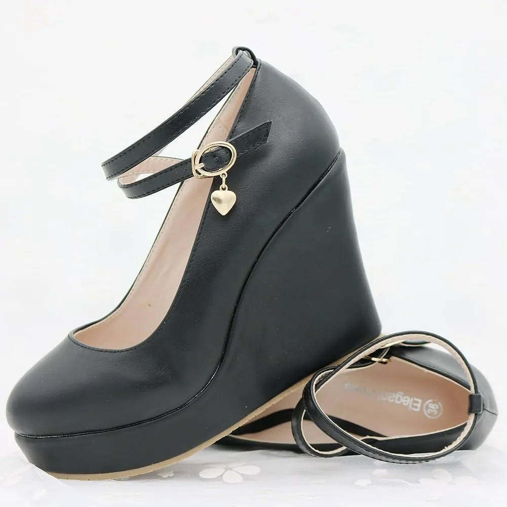 Women's Mary Jane Wedge Solid Buckle Evening Dress Round Toe Platform Lolita Shoes Cross Shoes 4 Inch Heel Height Pumps