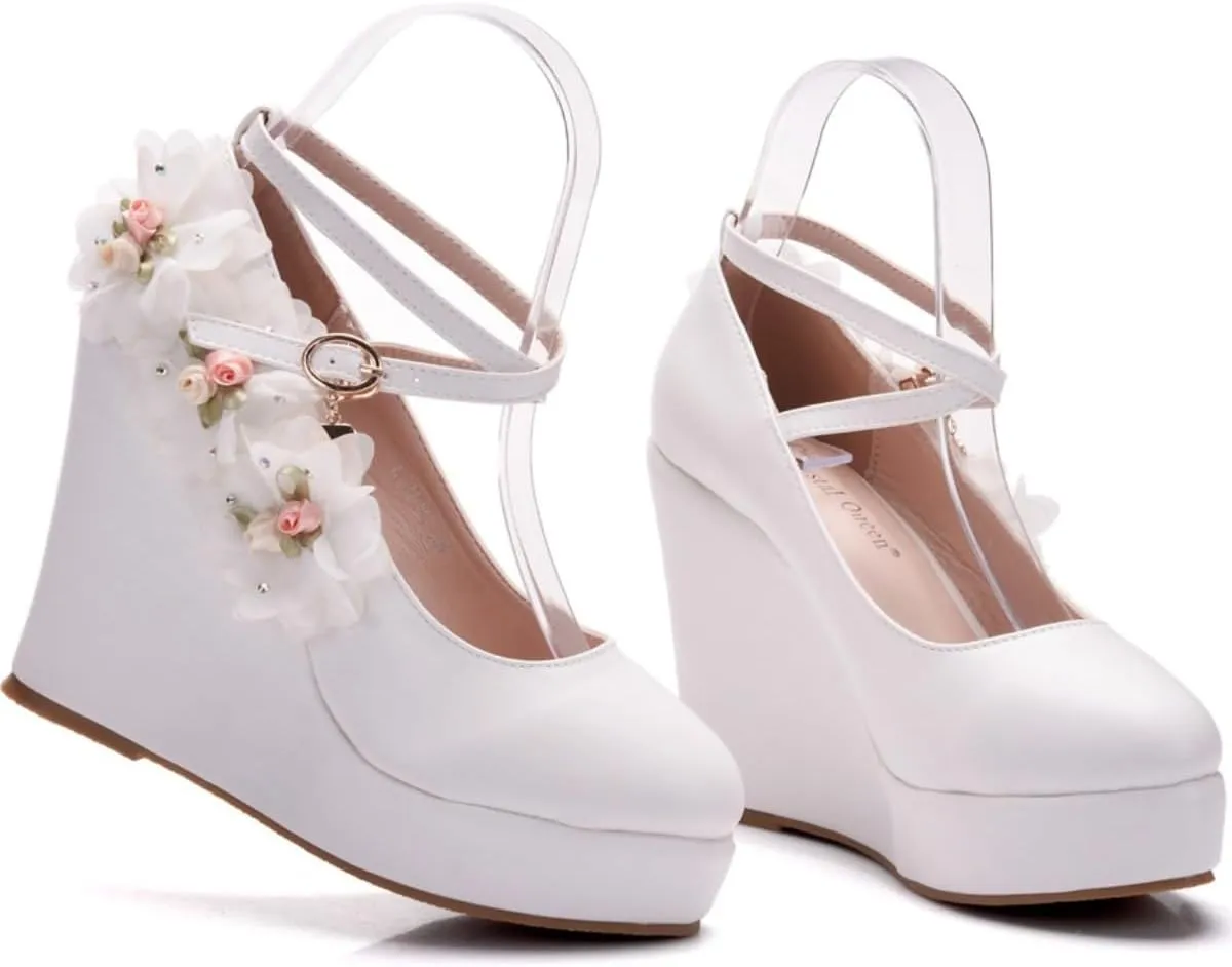 Women's Mary Jane Wedge Solid Buckle Evening Dress Round Toe Platform Lolita Shoes Cross Shoes 4 Inch Heel Height Pumps