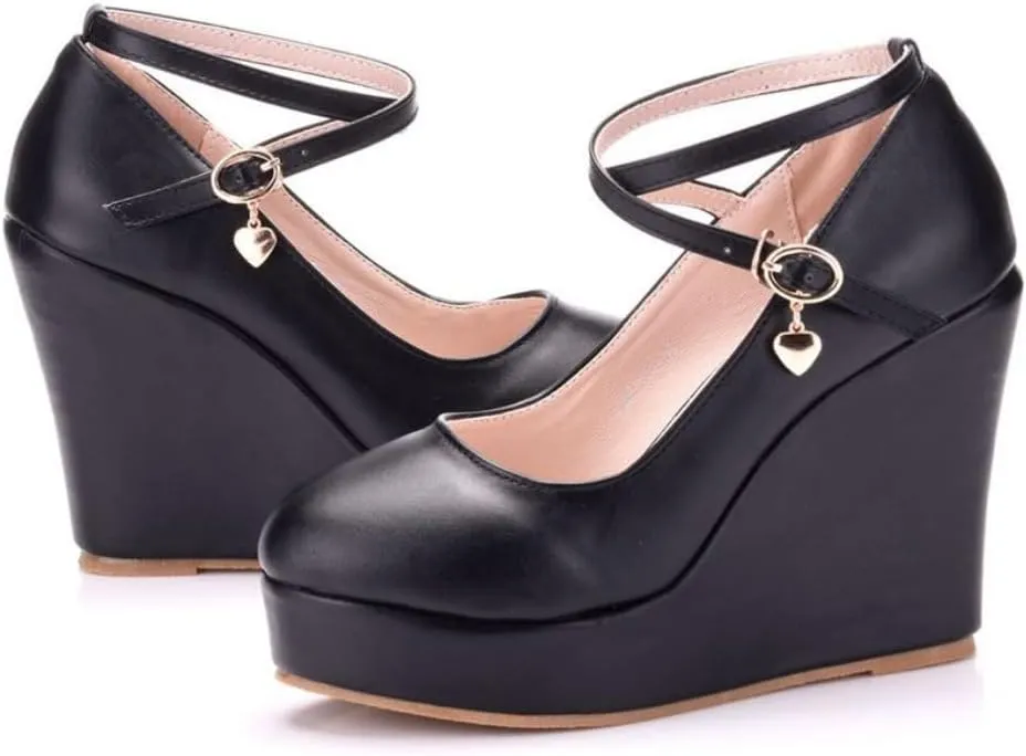 Women's Mary Jane Wedge Solid Buckle Evening Dress Round Toe Platform Lolita Shoes Cross Shoes 4 Inch Heel Height Pumps