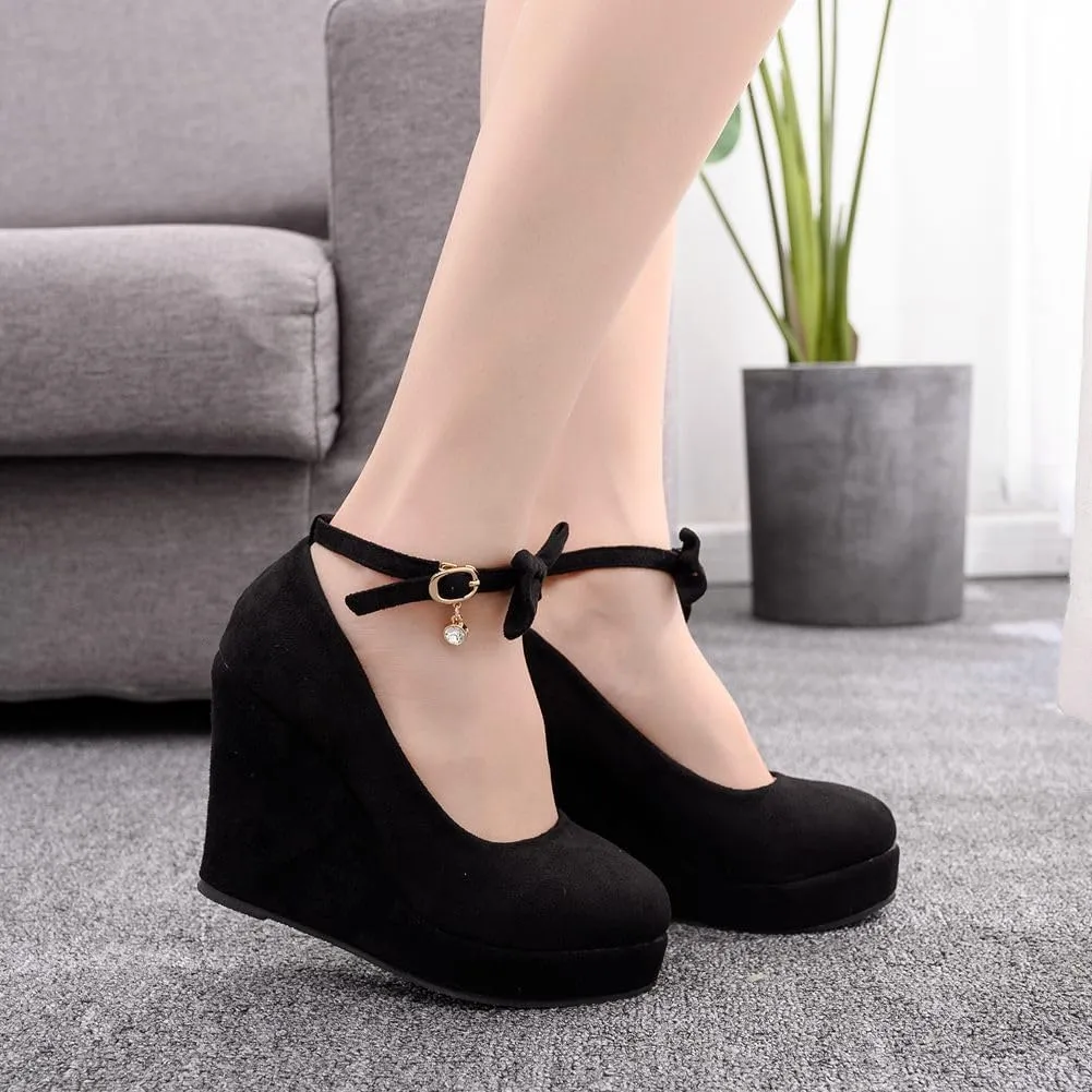 Women's Mary Jane Wedge Solid Buckle Evening Dress Round Toe Platform Lolita Shoes Cross Shoes 4 Inch Heel Height Pumps