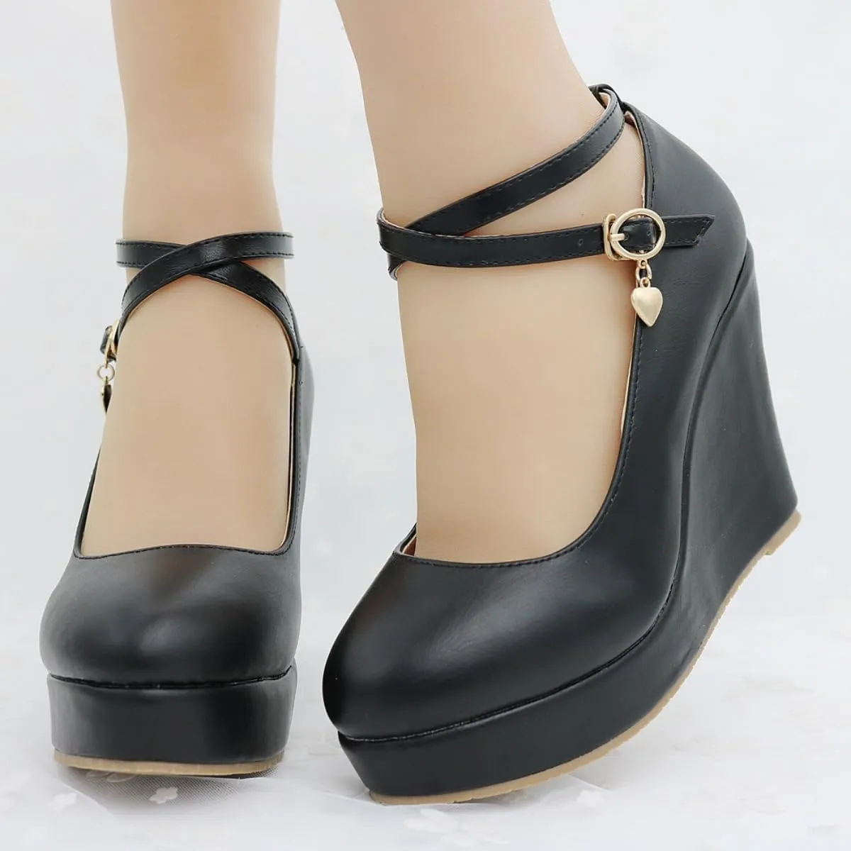 Women's Mary Jane Wedge Solid Buckle Evening Dress Round Toe Platform Lolita Shoes Cross Shoes 4 Inch Heel Height Pumps