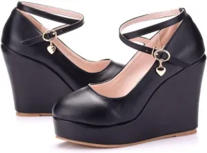 Women's Mary Jane Wedge Solid Buckle Evening Dress Round Toe Platform Lolita Shoes Cross Shoes 4 Inch Heel Height Pumps