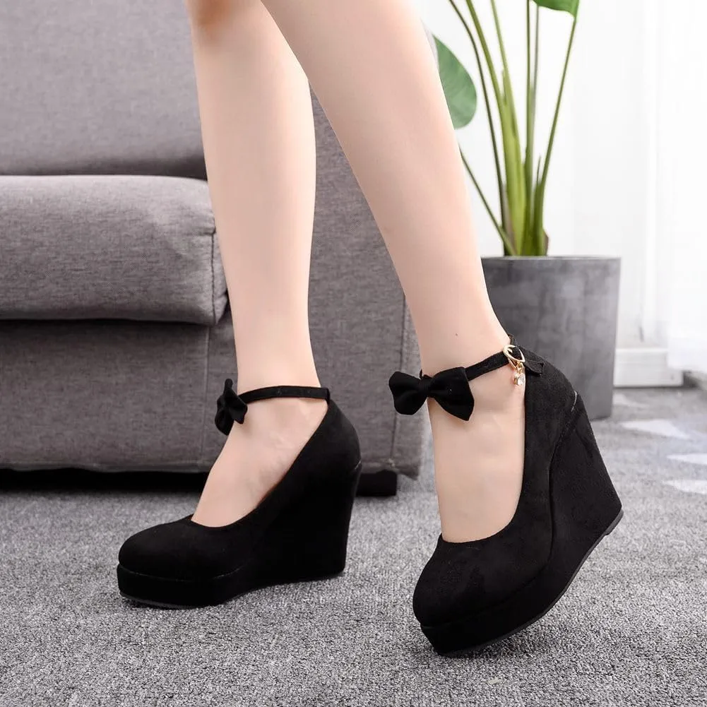Women's Mary Jane Wedge Solid Buckle Evening Dress Round Toe Platform Lolita Shoes Cross Shoes 4 Inch Heel Height Pumps