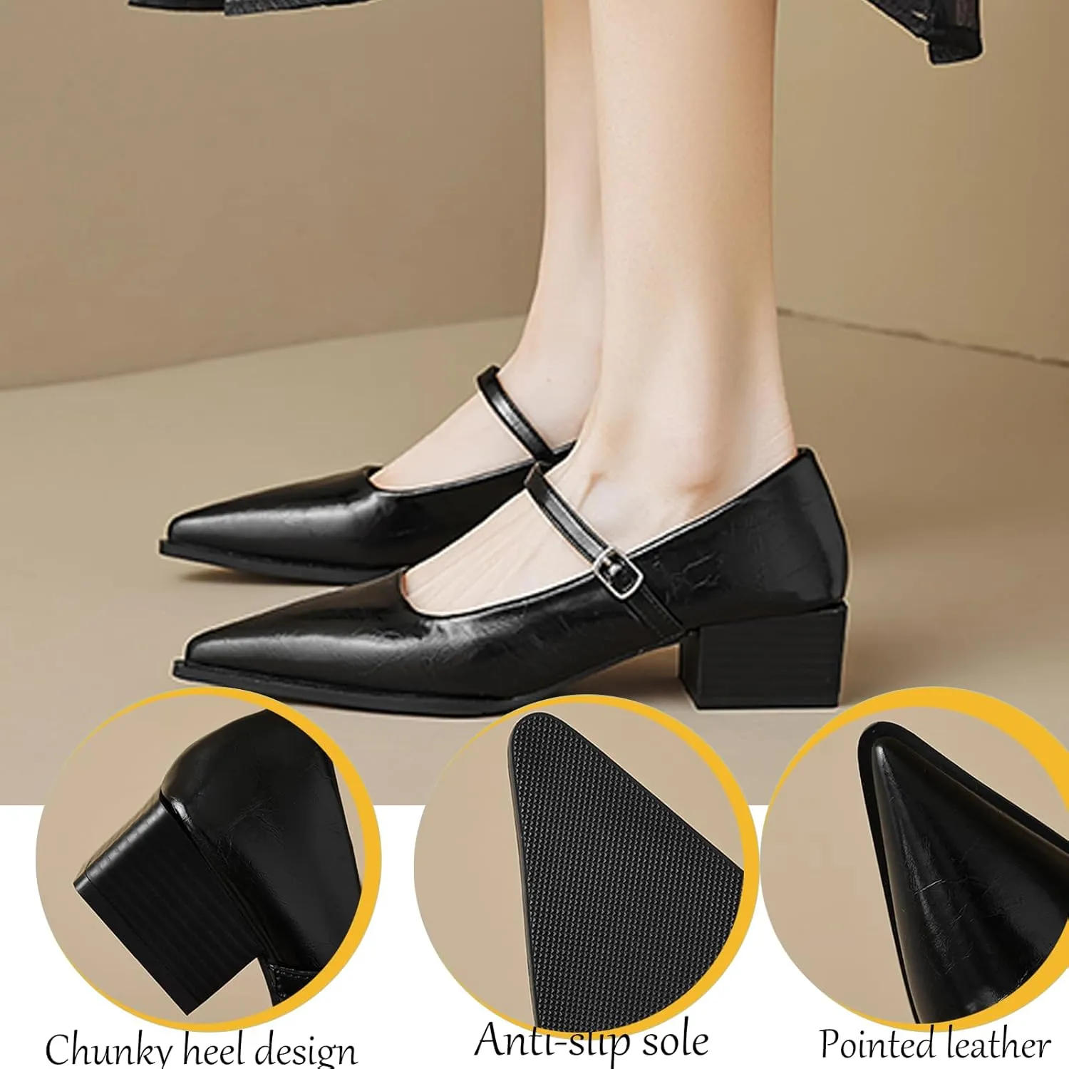 Women's Patent Leather Low Chunky Heel Dress Mary Jane Shoes Stylish Closed Pointed Ankle Strap Block Heel Non-Slip Formal Pumps Suitable for Wedding Bride Work
