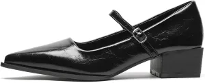 Women's Patent Leather Low Chunky Heel Dress Mary Jane Shoes Stylish Closed Pointed Ankle Strap Block Heel Non-Slip Formal Pumps Suitable for Wedding Bride Work