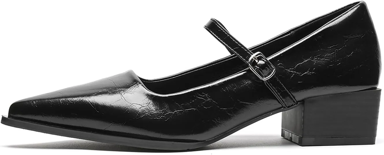 Women's Patent Leather Low Chunky Heel Dress Mary Jane Shoes Stylish Closed Pointed Ankle Strap Block Heel Non-Slip Formal Pumps Suitable for Wedding Bride Work