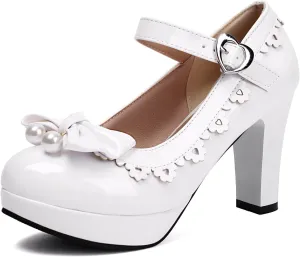 Women's Patent Leather Platform Chunky Heel Mary Jane Heels Comfort Closed Toe Elegant Pearl Bow Ankle Strap Kawaii Dress Pumps
