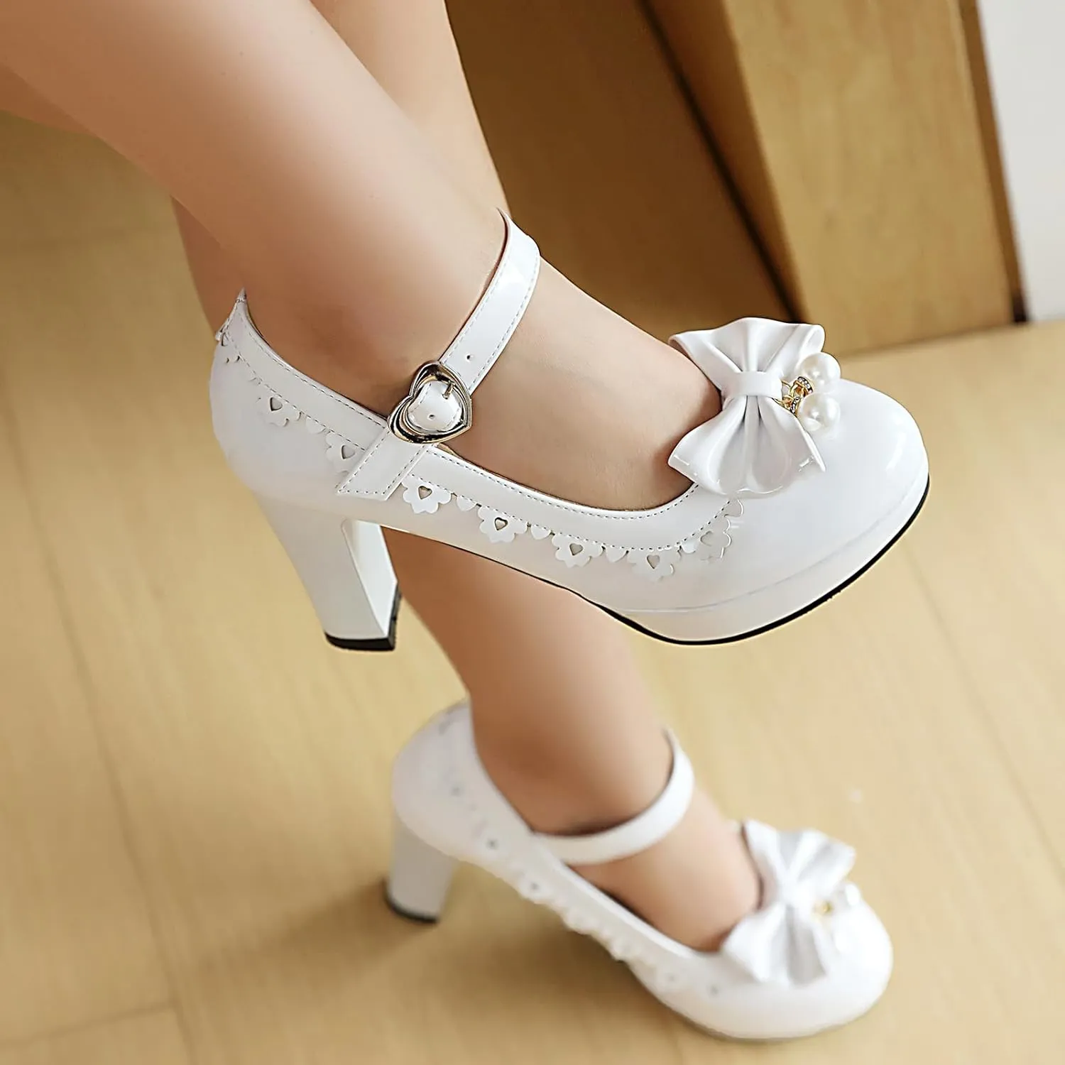 Women's Patent Leather Platform Chunky Heel Mary Jane Heels Comfort Closed Toe Elegant Pearl Bow Ankle Strap Kawaii Dress Pumps