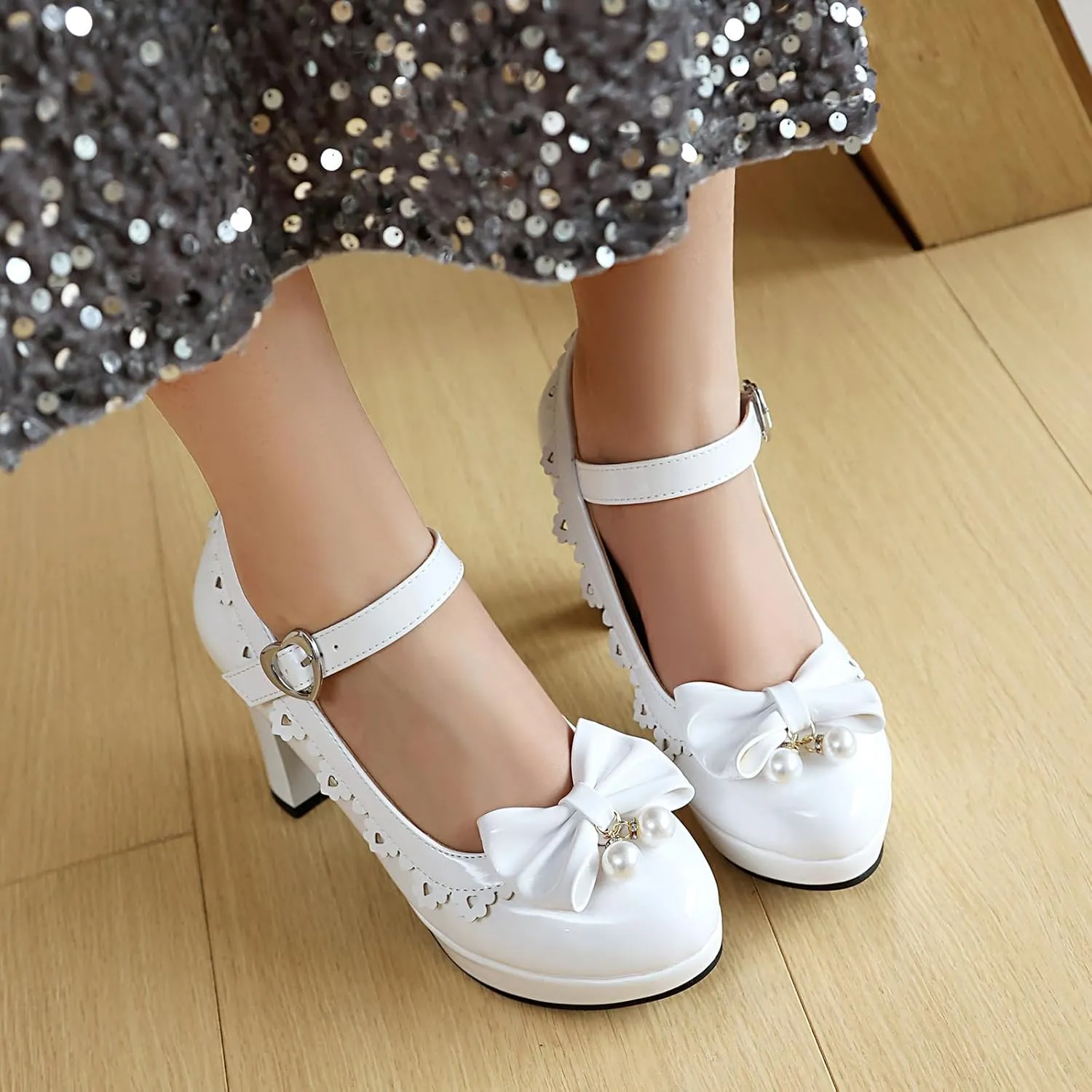 Women's Patent Leather Platform Chunky Heel Mary Jane Heels Comfort Closed Toe Elegant Pearl Bow Ankle Strap Kawaii Dress Pumps