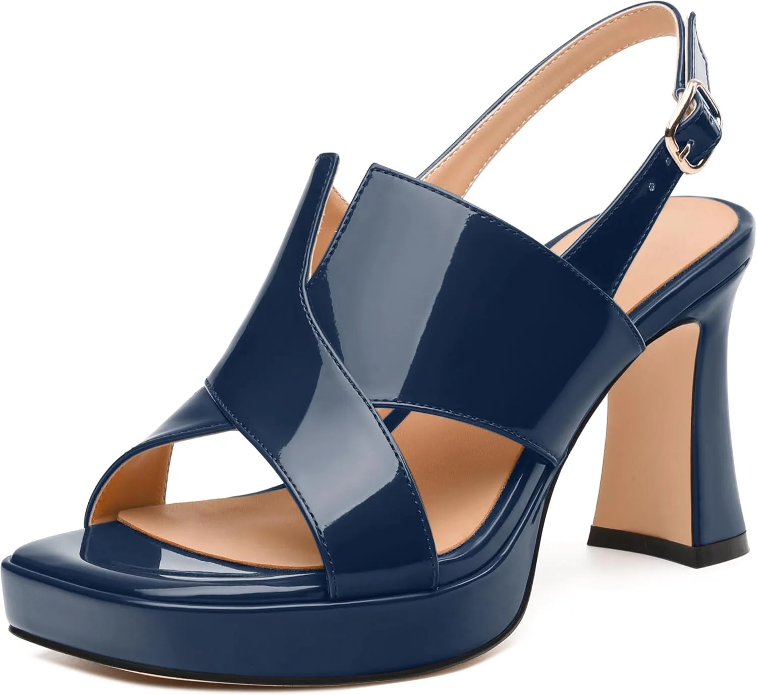 Womens Platform Ankle Strap Sandals, Square Toe Chunky Heel Leather Insole Sandals for Women, Block Heel Strappy Sandals with Buckle 3.3"