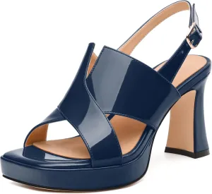 Womens Platform Ankle Strap Sandals, Square Toe Chunky Heel Leather Insole Sandals for Women, Block Heel Strappy Sandals with Buckle 3.3"