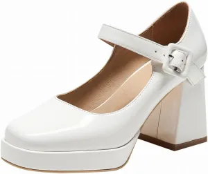 Women's Platform Chunky Heels Square Toe Block Heel Mary Janes Pumps Shoes
