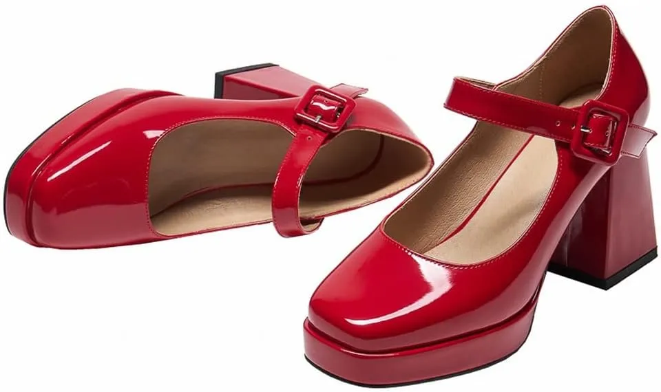 Women's Platform Chunky Heels Square Toe Block Heel Mary Janes Pumps Shoes