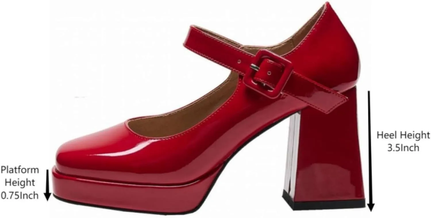 Women's Platform Chunky Heels Square Toe Block Heel Mary Janes Pumps Shoes