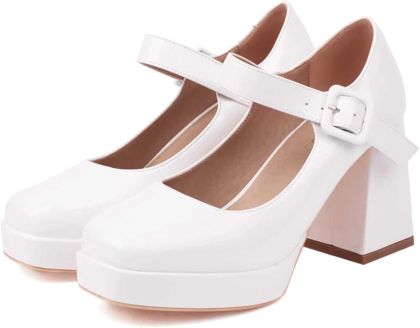 Women's Platform Chunky Heels Square Toe Block Heel Mary Janes Pumps Shoes