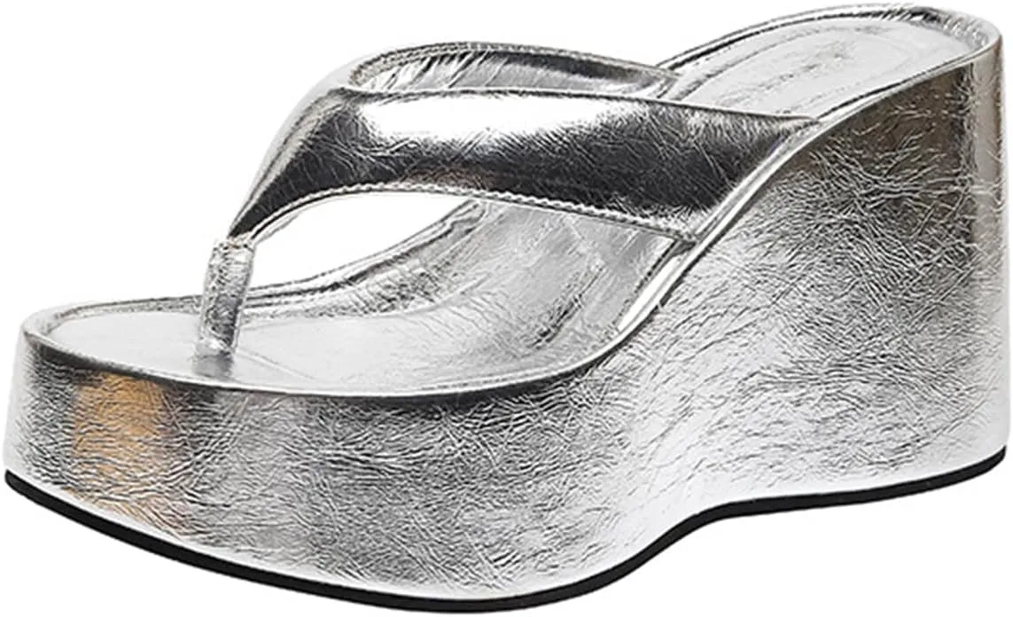Womens Platform Flip Flops Slip on Slides Sandals, Wedge Flip Flops Chunky High Heel Sandals Summer Beach Thong Heels