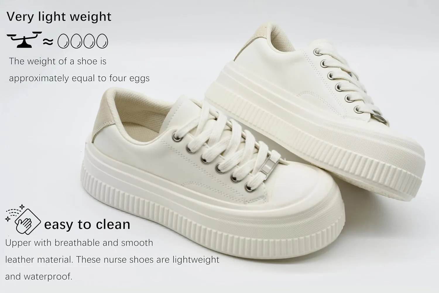 Women’s Platform Light Weight Time Off Lace Up White Leather Comfortable Leather Sneakers