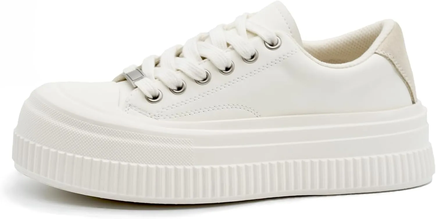Women’s Platform Light Weight Time Off Lace Up White Leather Comfortable Leather Sneakers