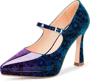 Women's Platform Mary Jane Pumps Pointed Toe Buckle Strap Stiletto High Heel Dress Shoes